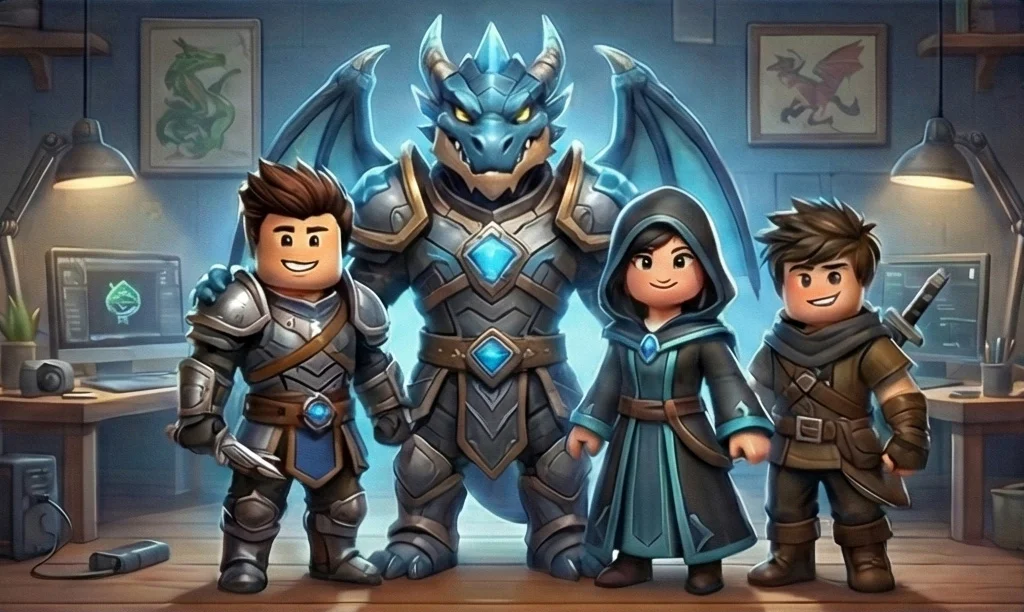 The FightingZs mascots: a blue dragon in armor with three blocky adventurers in a game studio